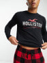 Hollister lounge set check flannel jogger and logo long sleeve top in red/black