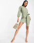 Фото #2 товара ASOS DESIGN one shoulder belted crinkle beach mini dress in khaki