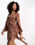 Фото #6 товара ASOS DESIGN fluffy v neck mini dress with tie waist and tie back detail in brown