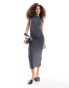 Фото #1 товара Pull&Bear ruched detail midaxi dress with asymmetric shoulder detail in charcoal grey