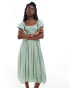 Daisy Street shirred bust midi smock dress in sage ditsy with rosette detail