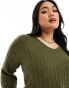 Фото #3 товара ASOS DESIGN Curve knitted v neck crop jumper in open stitch co-ord in khaki