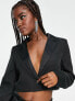 In The Style x Yasmin Devonport exclusive satin lapel trim cropped blazer co-ord in black