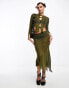 Фото #1 товара COLLUSION open stitch knitted midi skirt with asymetric hem co-ord in khaki