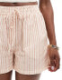 ASOS DESIGN tie waist pull on short with linen in brown & cream stripe