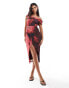 Фото #4 товара True Violet asymmetric bardot midi wrap dress in wine blur print