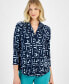 Фото #1 товара Petite Printed 3/4-Sleeve V-Neck Top, Created for Macy's