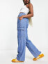 Фото #1 товара Bershka high waisted contrast stitch baggy cargo jeans in mid blue
