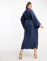 Фото #4 товара ASOS DESIGN Curve flute sleeve collared wrap midi dress with gathers in blue