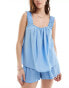 Loungeable cotton smocked cami top and short pyjama set in blue