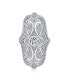 Deco Antique Style Filigree Pave CZ Wide Armor Full Finger Fashion Statement Ring Cubic Zirconia Rhodium Plated Brass