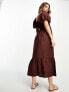 Фото #3 товара New Look puff sleeve shirred top midi dress in brown