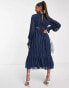 ASOS DESIGN Maternity satin stripe midi dress with blouson sleeve and button detail in navy