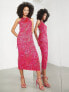 ASOS EDITION pearl and fringe halter midi dress in hot pink