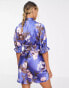Фото #4 товара ASOS DESIGN satin mini mixed floral dress with waist detail and frill sleeves in blue
