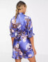 ASOS DESIGN satin mini mixed floral dress with waist detail and frill sleeves in blue