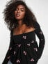 ASOS DESIGN square neck top with red floral embroidery in black