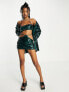 Фото #4 товара Kyo The Brand sequin bandeau crop top 3 piece co-ord in green