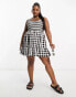 ASOS DESIGN Curve scoop neck shirred mini sundress in mono gingham