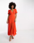 ASOS DESIGN chiffon v neck midi dress with flutter sleeves and godet hem in flame red