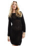 New Look crochet long sleeve mini beach dress in black