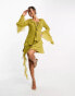 ASOS DESIGN tufted dobby chiffon mini dress with ruffles and tie neck detail in olive