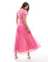 ASOS DESIGN chiffon cowl neck midi dress with puff sleeves and asymmetric hem in hot pink