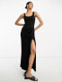 ASOS DESIGN scoop drape midi with ruched seam and poppers in black