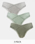 Фото #1 товара ASOS DESIGN Curve Viv 3 pack high leg brazilian brief with lace trim in sage, khaki & grey