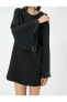 Mini Elbise Uzun Yarasa Kollu Pul Payet İşleme Detaylı Yuvarlak Yaka