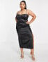 Flounce London Plus satin midi dress with ruched cup detail in black