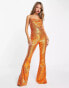 ASOS DESIGN sequin cowl neck flare leg jumpsuit in orange Оранжевый, 32 - фото #1