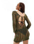 Фото #4 товара COLLUSION distressed knit long sleeve mini dress in khaki