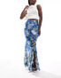 ASOS DESIGN ruffle maxi skirt with split front in blue blurred print