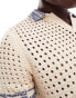 Фото #2 товара ASOS DESIGN knitted crochet notch neck polo in ecru with contrast trims