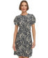 Petite Printed Round-Neck Ruched-Sleeve Dress