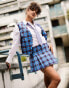 Фото #1 товара Reclaimed Vintage inspired check wrap kilt co-ord in bright blue