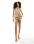 ASOS DESIGN satin ruched side mini dress with asymmetric straps in bronze