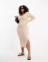 I Saw It First Plus ribbed side split midi dress in beige