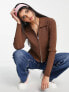 Pieces ribbed collar cardigan with zip detail in chocolate brown