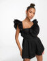 ASOS LUXE poplin playsuit with corsage and ruffle sleeves in black