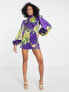 ASOS DESIGN satin puff sleeve playsuit in oversized wild flower print