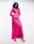 ASOS DESIGN satin long sleeve maxi dress with lace applique detail in fuschia pink