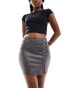 ASOS DESIGN leather look mini skirt with buckles in washed grey