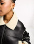 Pull&Bear faux leather cropped shearling detail jacket in black