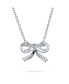 Bridal Wedding Delicate Clear Cubic Zirconia Pave CZ Station Romantic Holiday Present Ribbon Bow Pendant Necklace For Women For Teen .925 Sterling Silver