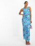 Something New X Flamefaire mesh sleeveless maxi dress co-ord in blue tie dye