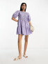 Фото #3 товара ASOS DESIGN cotton shirred mini smock dress with puff sleeve in lilac