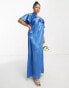 Vila Curve Bridesmaid satin flutter sleeve maxi dress in blue