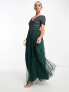 Maya Bridesmaid short sleeve maxi tulle dress with tonal delicate sequins in emerald green